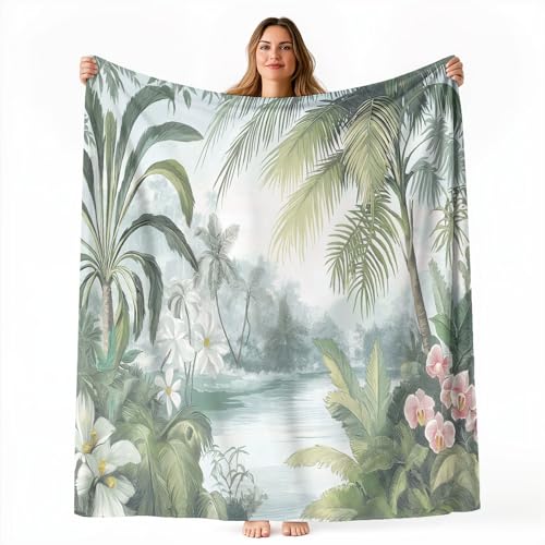 Generisch Kuscheldecke Palmen Orchideen 70x100 cm Flauschig Retro Fleecedecke für Erwachsene und Kinder Multifunktionsdecke, Sofadecke & Couchdecke Weiche Kuschelige Wohndecke von Generisch