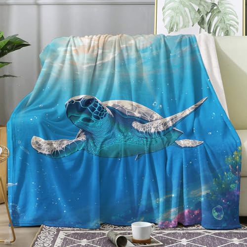 Generisch Kuscheldecke Schildkröte Motiv, Meer Tier Blau Decke 150x200, Fleecedecke Flauschig für Sofa Couch, Zimmer Deko & Geschenke, Sofadecken Kuschelig Weich (B108) von Generisch