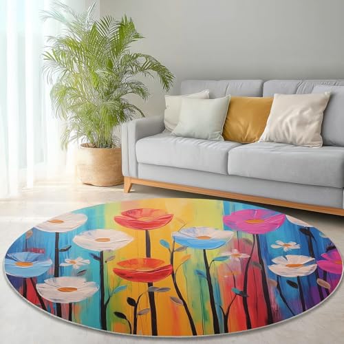 Generisch Kuscheliger Anti-Rutsch Teppich Rund 150 cm - Abstrakt Blumen Streifen Muster Weich rutschfest Teppiche, Bunt Drucken Runder Teppich für Schlafzimmer Kinderzimmer Küche Dekoration von Generisch