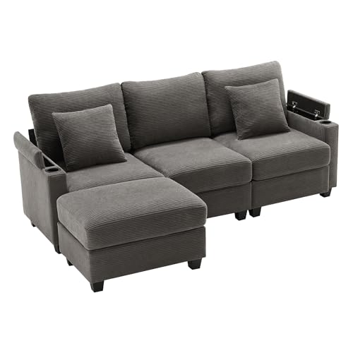 Generisch L-förmiges Ecksofa mit Fußhocker, Getränkehalter, USB-Ladegerät, Armlehnenaufbewahrung und 2 Kissen für Wohnzimmer/Büro/Wohnung, Dunkelgrau von Generisch