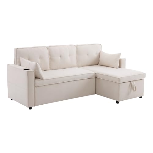 Generisch L-förmiges Schlafsofa mit Stauraum & Getränkehaltern – Modernes 3-Sitzer Sofa mit hoher Rückenlehne, umbaubarer Chaiselongue und atmungsaktiven Baumwoll-Leinen Bezügen (211x130x86cm) von Generisch