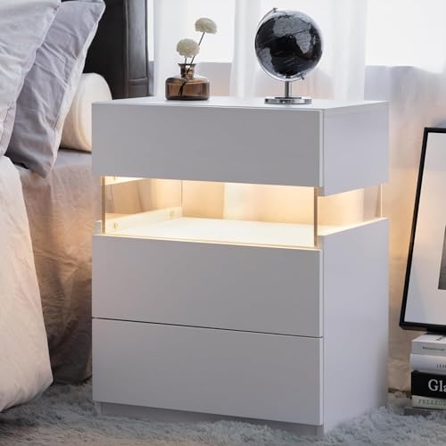 Generisch LED Nightstands 3 Drawer Dresser for Bedroom End Table with Acrylic Board LED Bedside Tables for Bedroom Living Room Bedside Furniture (White) von Generisch