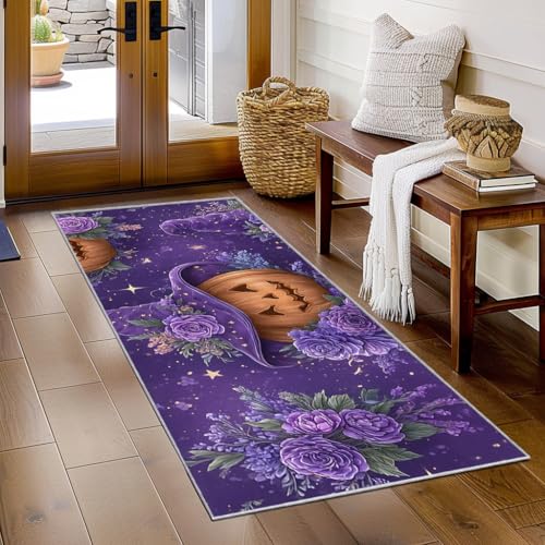 Generisch Läufer Flur Lila Blumen, Waschbarer Teppich Läufer Hexenhut Kürbisse Halloween 80x300, Küchenteppich, Eingangsbereich, Bettvorleger, Schlafzimmer Deko, rutschfest, Kurzflor h1176 Generisch Läufer Flur Lila Blumen, Waschbarer Teppich Läufer Hexenhut Kürbisse Halloween 80x300, Küchenteppich, Eingangsbereich, Bettvorleger, Schlafzimmer Deko, rutschfest, Kurzflor h1176 von Generisch