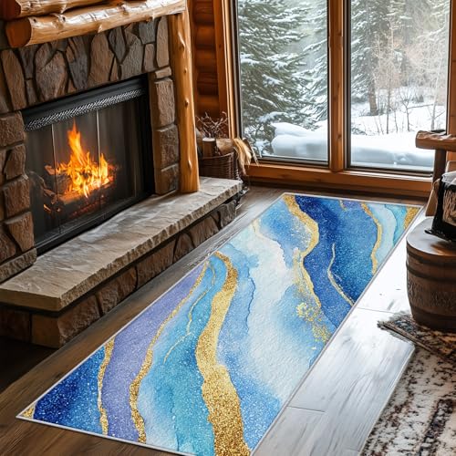 Generisch Läufer Flur Marmor, Waschbarer Teppich Läufer Abstrakt Gold Blau Streifen 80x300, Küchenteppich, Eingangsbereich, Bettvorleger, Schlafzimmer Deko, rutschfest, Kurzflor c799 Generisch Läufer Flur Marmor, Waschbarer Teppich Läufer Abstrakt Gold Blau Streifen 80x300, Küchenteppich, Eingangsbereich, Bettvorleger, Schlafzimmer Deko, rutschfest, Kurzflor c799 von Generisch
