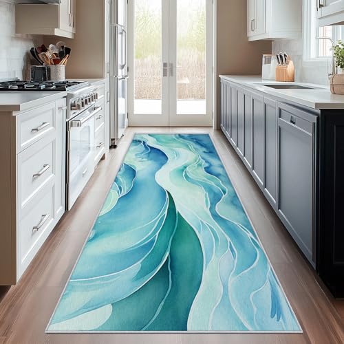 Generisch Läufer Flur Marmor 120x360 cm, Waschbarer Teppich Flur Blau Wellen Küchenteppich rutschfest, fußmatte, Teppich Schlafzimmer, Innen Carpet Teppiche Lang Dünn, Flur Deko von Generisch