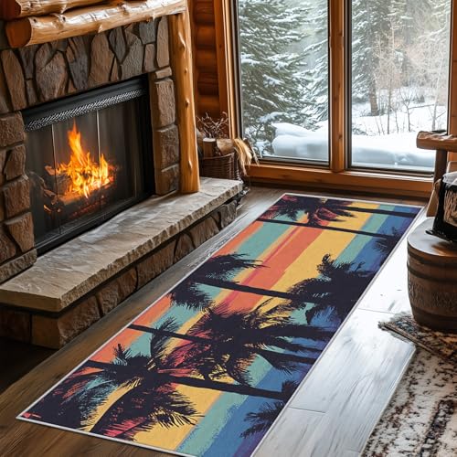 Generisch Läufer Flur Palmen 60x300 cm, Waschbarer Teppich Flur Tropisch Strand Küchenteppich rutschfest, fußmatte, Teppich Schlafzimmer, Innen Carpet Teppiche Lang Dünn, Flur Deko von Generisch