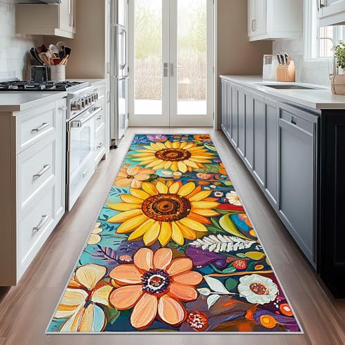 Generisch Läufer Flur Sonnenblume 80x300 cm, Waschbarer Teppich Flur Gras Blumen ölgemälde Küchenteppich rutschfest, fußmatte, Teppich Schlafzimmer, Innen Carpet Teppiche Lang Dünn, Flur Deko von Generisch