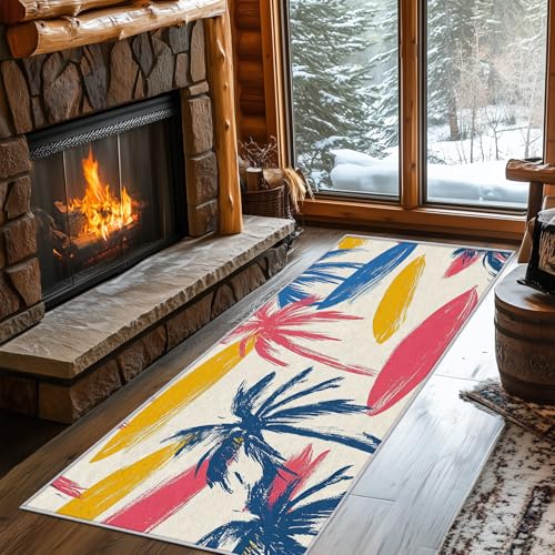 Generisch Läufer Flur Strand 90x360 cm, Waschbarer Teppich Flur Bäume Bunt Küchenteppich rutschfest, fußmatte, Teppich Schlafzimmer, Innen Carpet Teppiche Lang Dünn, Flur Deko von Generisch