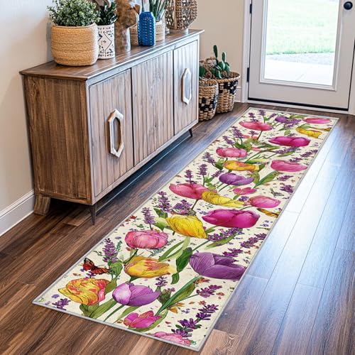 Generisch Läufer Flur Tulpe, Waschbarer Teppich Läufer Lila Gelb Blumen Frühling Floral 100x200, Küchenteppich, Eingangsbereich, Bettvorleger, Schlafzimmer Deko, rutschfest, Kurzflor g732 Generisch Läufer Flur Tulpe, Waschbarer Teppich Läufer Lila Gelb Blumen Frühling Floral 100x200, Küchenteppich, Eingangsbereich, Bettvorleger, Schlafzimmer Deko, rutschfest, Kurzflor g732 von Generisch