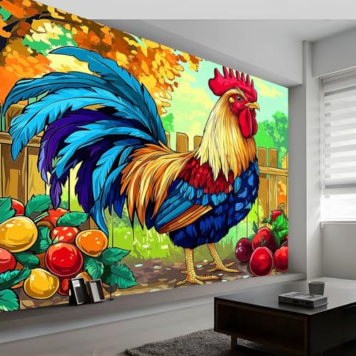 Generisch Landhausstil Cartoon Hahn Panorama Tapete, Gelb Vliestapete Bild Dekoration Wand-Dekor für Wohnzimmer Schlafzimmer Kinderzimmer Wanddekoration, 3D Wandbild (200 x 140 cm) von Generisch