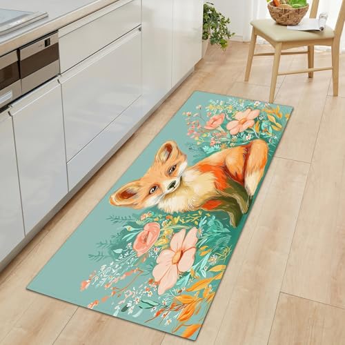 Generisch Lang rutschfest Flur Läufer Teppich 50 x 140 cm, Waschbar Tier Fuchs Blumen Korridor TeppichLäufer für Flur Aquarell Stil Schlafzimmer Wohnzimmer Teppichmatte Dauerhaft Küchenteppich von Generisch