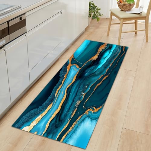 Generisch Lang rutschfest Flur Läufer Teppich 80 x 120 cm, Waschbar Blaugrüner Achat Streifen Korridor TeppichLäufer für Flur Realismus Schlafzimmer Wohnzimmer Teppichmatte Dauerhaft Küchenteppich von Generisch