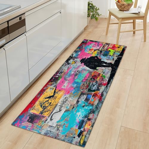 Generisch Langer Teppich Läufer Flur rutschfest 60 x 180 cm, Flurteppich Läufer Lang Bunt Flurläufer, Abstrakte Graffiti Kunst Küchenteppich Waschbar, Teppichläufer für Flur Wohnzimmer Küche von Generisch