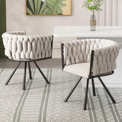 Generisch Leinen-Esszimmerstuhl, 2er Set, einzelner Heller Luxus-Wohnzimmer-Schlafzimmer-Drehstuhl, Freizeit-Drehstuhl mit Vier Stützbeinen aus Metall,Leinen beige und schwarz von Generisch