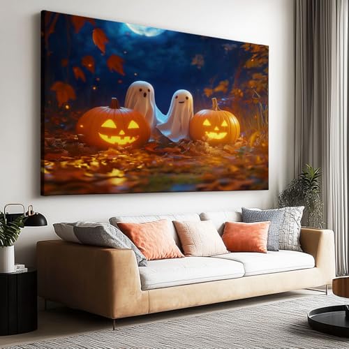 Generisch Leinwand Bilder 120 x 80 cm (L x B) für Schlafzimmer Wohnzimmer Deko, Halloween Kürbis Gespenst fallende Blätter Kunstdruck Wandbild, Gelb Moderne Wand Dekoration Poster ohne Rahmen von Generisch