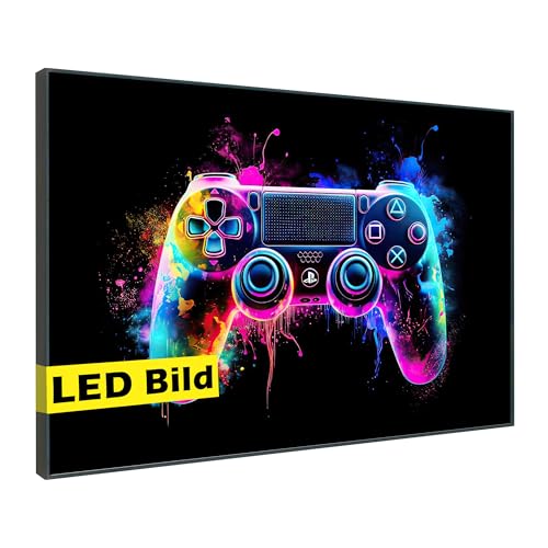 Generisch Leuchtbild I Gaming Controller Neon I LED Wandbild I Leuchtende Leinwand mit Rahmen - Made in Germany (Gaming Controller Neon, 50x50 cm, Rahmen: Holz Flora) von Generisch