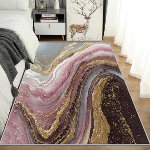 Generisch Lila Gold Marmor Teppich Wohnzimmer, Abstrakt Farbverlauf Deko für Schlafzimmer, Waschbarer Teppich 200x280 cm, Anti Rutsch, Kurzflor C25 von Generisch