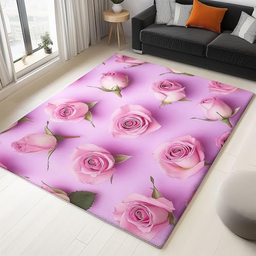 Generisch Lila Teppich 180x240 cm rutschfest und waschbar, Romantisch Rosa Rose Druck Teppich für Dekoration Schlafzimmer Kinderzimmer Wohnzimmer Kurzflor Läufer von Generisch