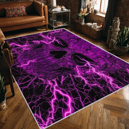 Generisch Lila Totenkopf Teppich Klein Eingangsbereich Innen 60x90 Waschbar, Skull Cool Blitz Fußmatte Eingang Schlafzimmer Deko & Wohnaccessoires, Kurzflor Teppich Weich rutschfest, FD4047 von Generisch