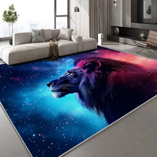 Generisch Löwe Tier Teppich Kinderteppich Modern 3D Sternenhimmel Verträumt Teppich Kinderzimmer Kurzflor Teppiche rutschfeste Spielteppiche für Schlafzimmer Wohnzimmer Zimmer 160x230 cm von Generisch