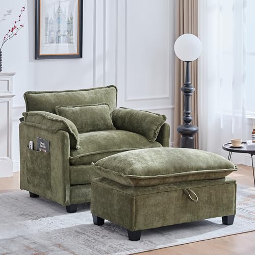 Generisch Luxuriöser Loungesessel mit Fußhocker, Samt-Bezug, Seitentaschen, 103 cm Breite, (Olive) von Generisch