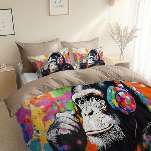Generisch Luxuriöses 3-teiliges Kopfhöreraffe Bettwäsche-Set 155 x 200 cm, Street Graffiti Gorilla Drucken Weichem Bettbezüge, mit Reißverschluss und inklusive Kissenbezügen, für Kinderzimmer von Generisch