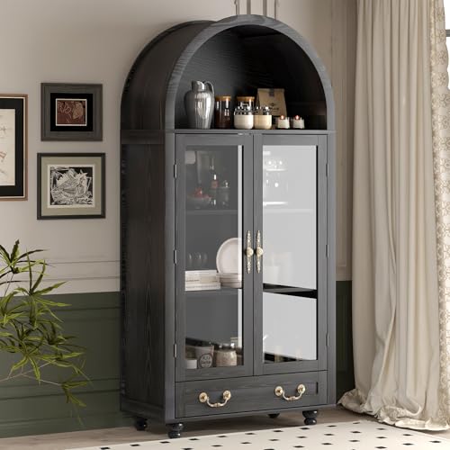 Generisch Luxury Curved Top Display Cabinet with Glass Doors, 2 Drawers - Modern Standing Glass Curio Cabinet for Living Room, Bedroom, Kitchen - Black Finish von Generisch
