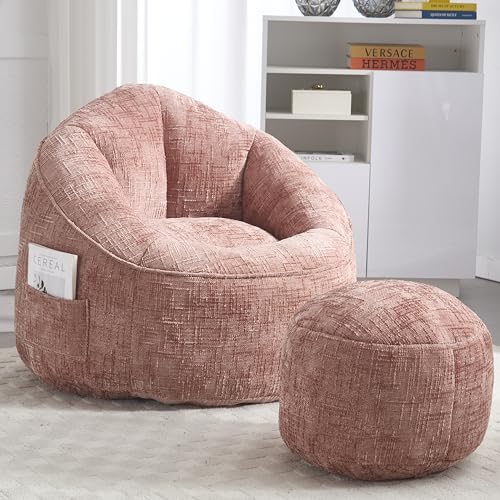 Generisch Memory-Schaum Sitzsack-Sessel mit Fußhocker, 89 x 76 cm, Weiß, 150 kg Belastbarkeit (Pink + Chenille + Foam) von Generisch