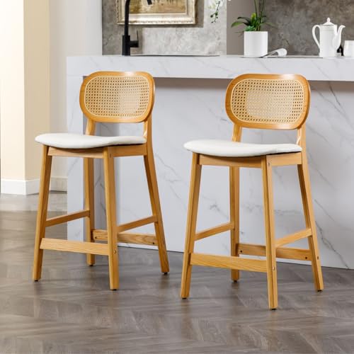 Generisch Mid Century Barhocker, 2er-Set, Rattan-Frühstücksthekenstühle für Kücheninseln, Barhocker mit Rückenlehne, hohe Hocker für die Hausbar/Pub, Weiß von Generisch