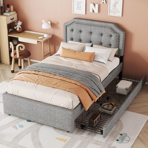 Generisch Modern 90 * 200 cm flaches Bett, gepolstertes Bett, Nachttischpolsterung mit dekorativen Nieten, doppelte Schubladen, Grau von Generisch
