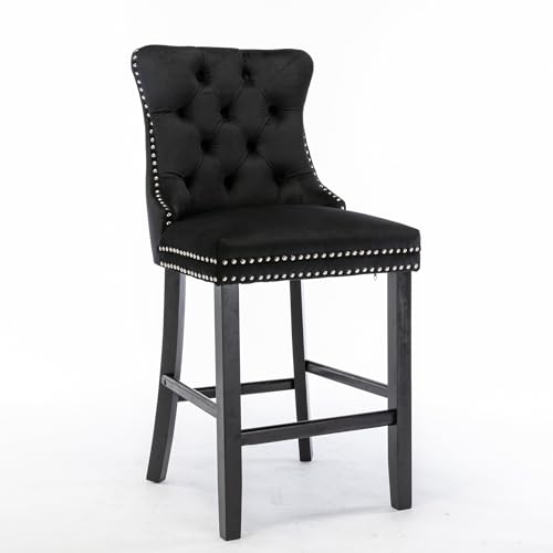 Generisch Modern Velvet Ottoman Stool with Button Tufted Upholstery and Wood Legs with Chrome Nailhead Trim, Lounge Style Bar Stool, Set of 2 (Black) von Generisch