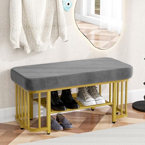 Generisch Moderne Schuhbank mit Samt-Sitzfläche & Metallgestell – Platzsparend für Flur & Kleine Räume, Verstellbare Füße, 100kg Belastbar, Grau-Gold Design, Schnell Montiert von Generisch