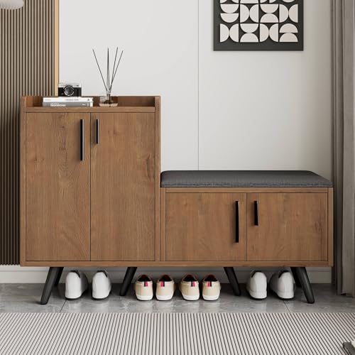 Generisch Moderne Schuhbank mit Sitzfunktion & 4 Aufbewahrungstüren | Holzmaserung Design | Stabile Metallgriffe | B120×D34×H82 cm | Naturfarbe | Kippsicherung & Hochbelastbar von Generisch