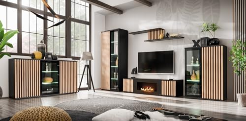 Generisch Moderne Wohnwand CA, mit Extra Kommode Farbe Schwarz/Hickory Jackson mit Lamellen-Design, 5-teiliges Set Generisch Moderne Wohnwand CA, mit Extra Kommode Farbe Schwarz/Hickory Jackson mit Lamellen-Design, 5-teiliges Set von Generisch