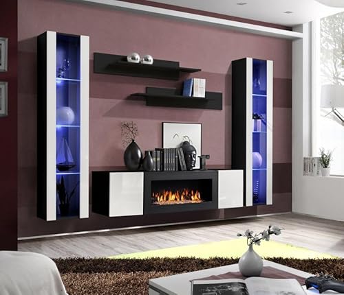 Generisch Moderne Wohnwand M2 Z, mit LED-Beleuchtung, 260x170x40 cm, Push-to-Open-Funktion,Farbe wählbar (Schwarz/Weiß) von Generisch