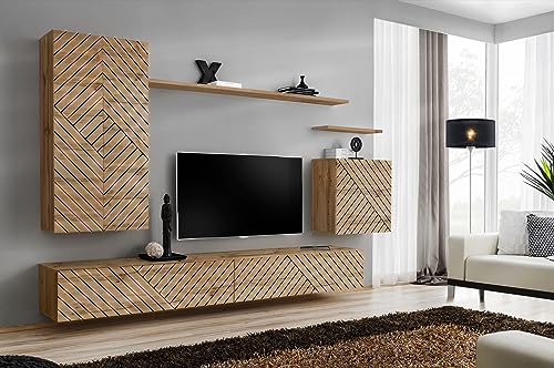 Generisch Moderne Wohnwand SW2-L mit dekorativen Lamellen-Design, Push-to-Open-Funktion, Wotan Matt, TV-Lowboard mit Hängeschränken von Generisch
