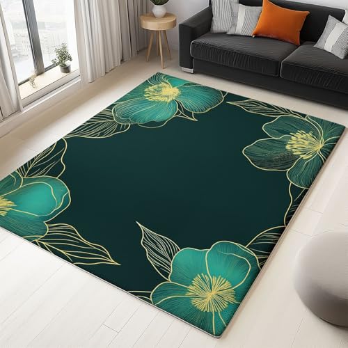 Moderne goldene Blumenlinien Teppich Wohnzimmer 180 x 240 cm, Supersoft Kurzflor Teppich Schlafzimmer, Waschbar Anti-Rutsch fussmatte für Jugendzimmer Badezimmer, Petrol Moderne goldene Blumenlinien Teppich Wohnzimmer 180 x 240 cm, Supersoft Kurzflor Teppich Schlafzimmer, Waschbar Anti-Rutsch fussmatte für Jugendzimmer Badezimmer, Petrol von Generisch