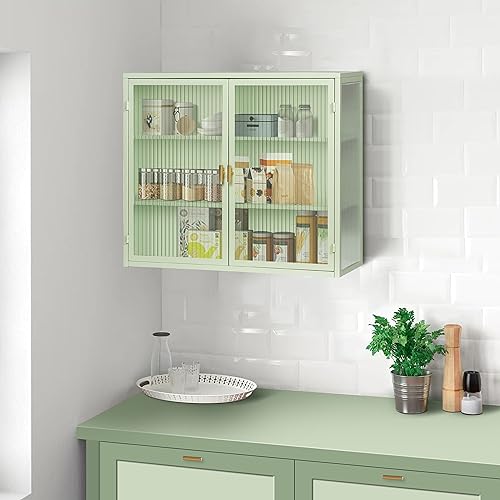 Generisch Moderner 70CM Zweitüriger Wandschrank mit gehärtetem Glas & 3-stufiger Lagerung – Platzsparend für Wohnzimmer, Flur, Badezimmer (Mintgrün, Stilvoll & Stabil) von Generisch