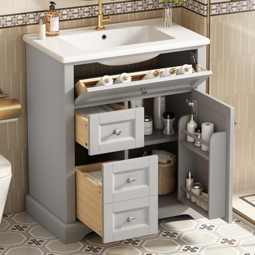 Generisch Moderner Badezimmer-Unterschrank Mit Keramik Waschbecken, Waschbeckenunterschrank Badmöbel Mit Türregale Und Schubladen Und Verstellbarer Ablage, 46x76x87cm, Grau von Generisch