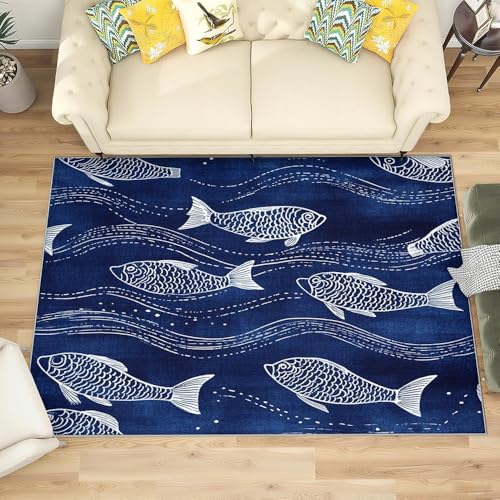Generisch Moderner Kurzflor Flanell Teppich Wohnzimmer 140x200 cm, Cartoon-Fisch-Drucke Waschbar & rutschfest TPR Teppich Blau Extra Weichteppich für Schlafzimmer, Küche und Esszimmer von Generisch