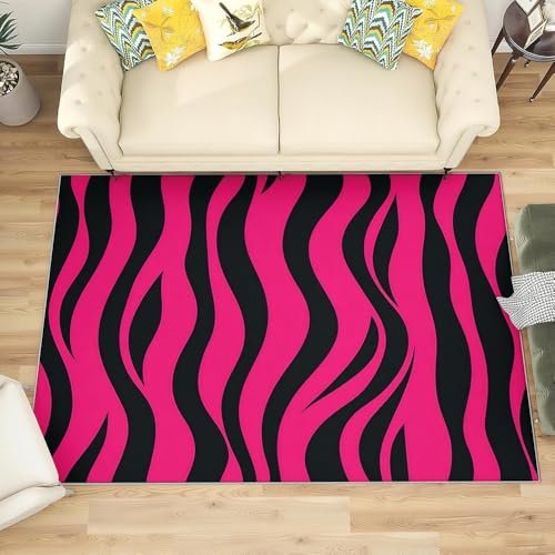 Generisch Moderner Kurzflor Flanell Teppich Wohnzimmer 180x240 cm, Schwarzes Zebra-Muster Waschbar & rutschfest TPR Teppich Leuchtendes Pink Extra Weichteppich für Schlafzimmer, Küche und Esszimmer von Generisch