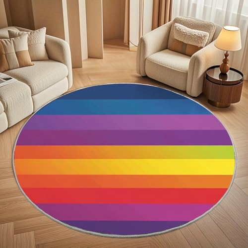 Generisch Moderner Kuscheliger Wohnzimmer Runder Teppich Größe:120 cm, Regenbogenstreifen-Design Kurzflor Waschbar Teppiche Flauschig Weich Bunt Stilvoll rutschfest Teppich Rund Pflegeleicht von Generisch