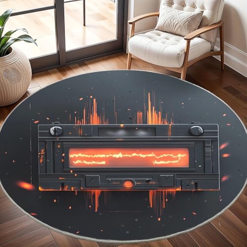 Generisch Moderner Kuscheliger Wohnzimmer Runder Teppich Größe:120 cm, Retro-TonbandgeräT-Muster Kurzflor Waschbar Teppiche Flauschig Weich Schwarz Stilvoll rutschfest Teppich Rund Pflegeleicht von Generisch