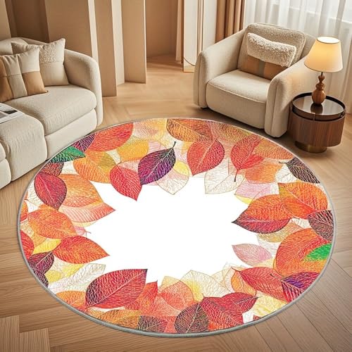 Generisch Moderner Kuscheliger Wohnzimmer Runder Teppich Größe:160 cm, HerbstbläTter-Druck Kurzflor Waschbar Teppiche Flauschig Weich Hellbraun Stilvoll rutschfest Teppich Rund Pflegeleicht von Generisch