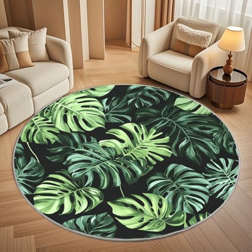 Generisch Moderner Kuscheliger Wohnzimmer Runder Teppich Größe:180 cm, Tropischer Monstera-Blatt-Druck Kurzflor Waschbar Teppiche Flauschig Weich GrüN Stilvoll rutschfest Teppich Rund Pflegeleicht von Generisch