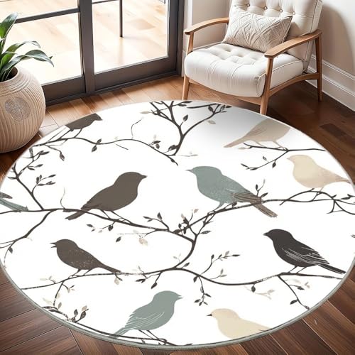 Generisch Moderner Kuscheliger Wohnzimmer Runder Teppich Größe:200 cm, Tiervogelsilhouette Kurzflor Waschbar Teppiche Flauschig Weich Weiß Stilvoll rutschfest Teppich Rund Pflegeleicht von Generisch