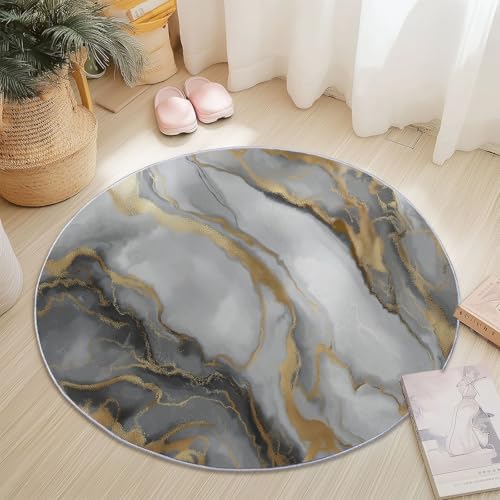 Generisch Moderner Luxusmarmor Teppich Rund 150 cm rutschfest Teppiche Wohnzimmer, Runder Waschbar Teppiche Kurzflor Weich Runder Teppich Grau Gold for Schlafzimmer Studie Heimbüro Küche von Generisch