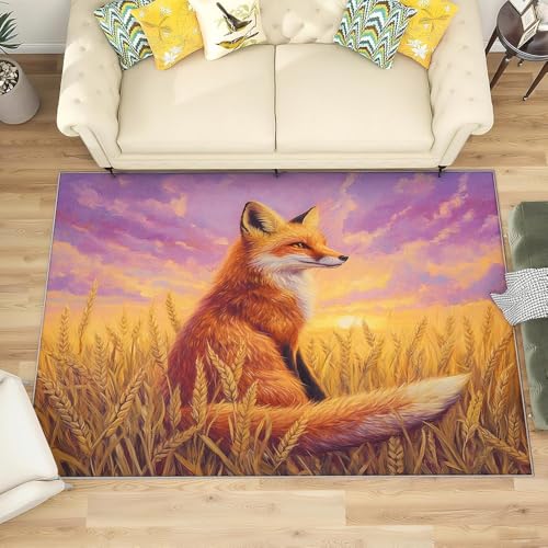 Generisch Moderner Waschbarer Teppich Grösse : 140x200 cm Braunes Fuchs-Thema Flanell Kurzflor Flauschig Teppiche, Gelbes Weizenfeld Anti-Rutsch Teppich für Kinderzimmer Wohnzimmer Schlafzimmer von Generisch