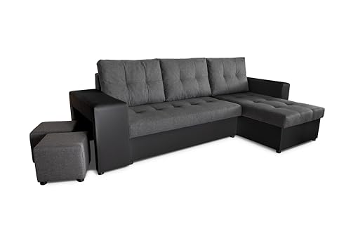 Generisch Möbel NAWSTOL - Ecksofa Wohnzimmer - Ausziehbares Ecksofa in L-Form mit Schlaffunktion 205 x 130 cm - Ecksofa mit Bettkasten - Leon (Dunkelgrau + Schwarzes Kunstleder, Ecksofa Rechts) von Generisch