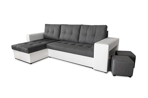 Generisch Möbel NAWSTOL - Ecksofa Wohnzimmer - Ausziehbares Ecksofa in L-Form mit Schlaffunktion 205 x 130 cm - Ecksofa mit Bettkasten - Leon (Dunkelgrau + Weißes Kunstleder, Ecksofa Links) von Generisch